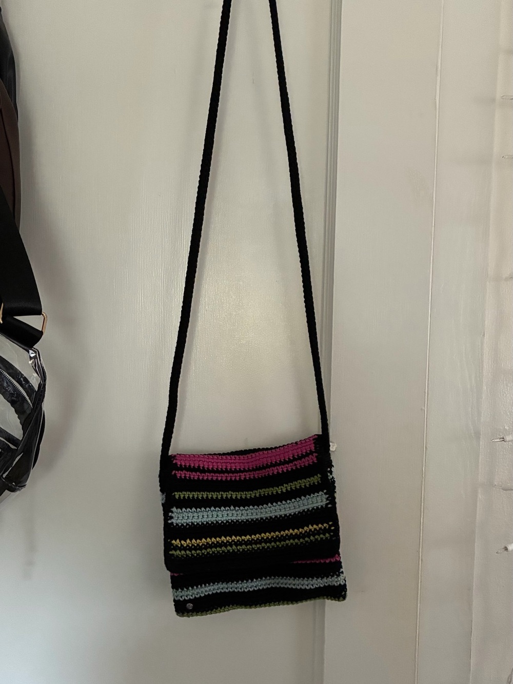 The Sak Black Crochet Crossbody with Pink, Green & Light Blue Stripes